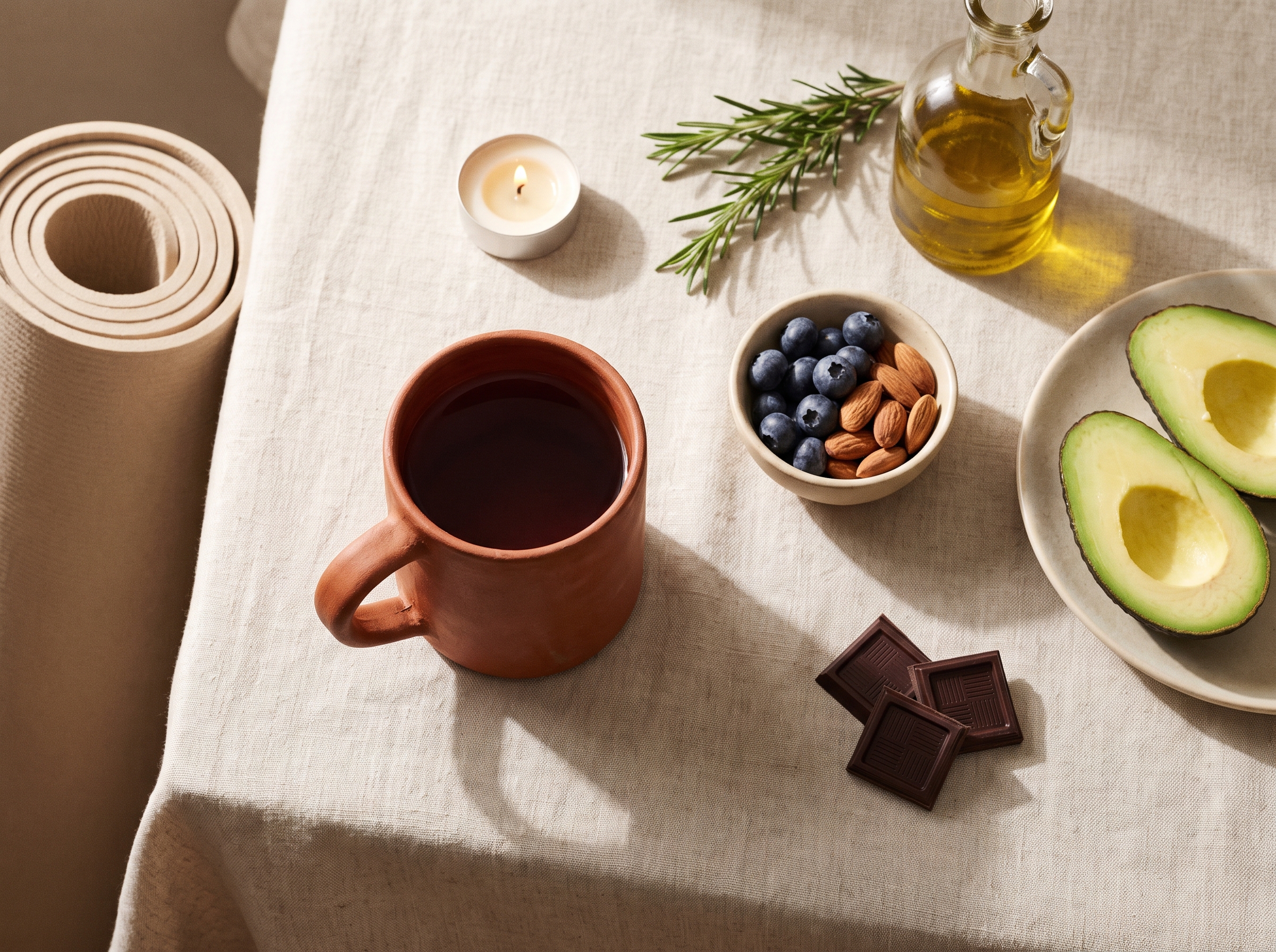 Alimentación saludable, infusión y esterilla